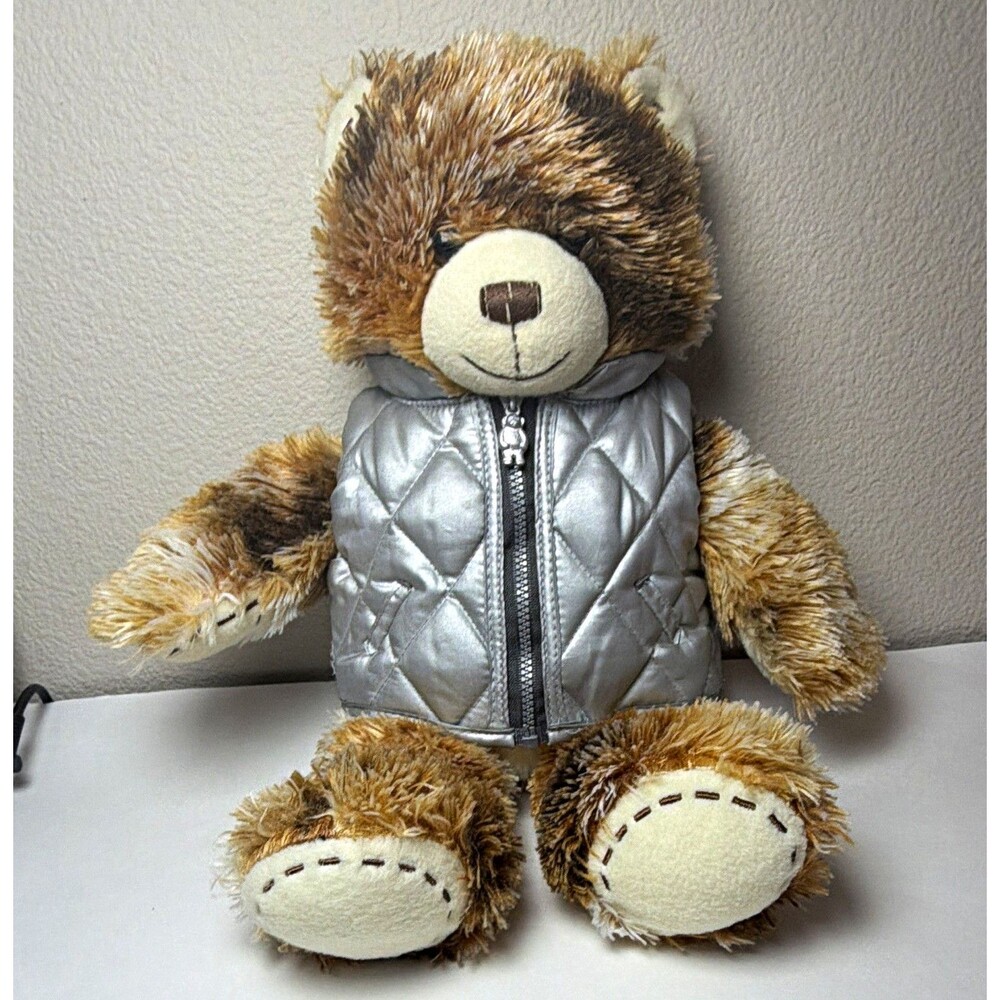 Build-A-Bear Workshop Brown Beige Plush Bear Silver Quilted Zip Vest, NO sound